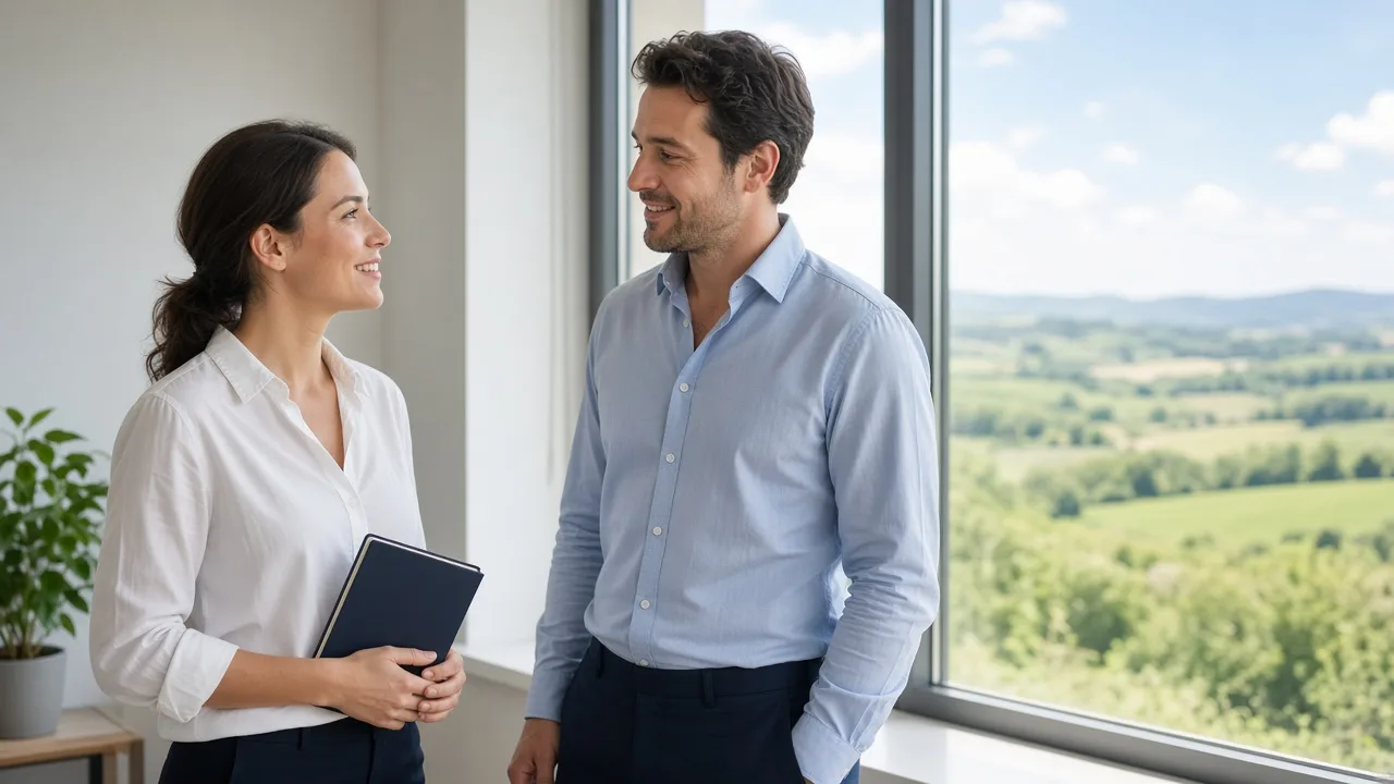 Two colleagues stand by a bright window overlooking green fields with a closed notebook.