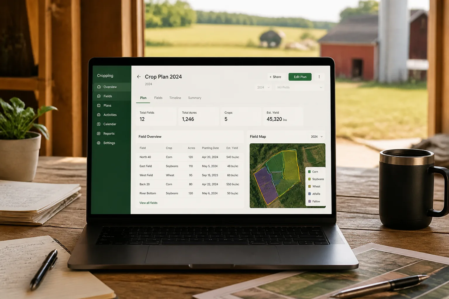 Laptop showing an agriculture platform dashboard with farm management, crop analytics, and field monitoring