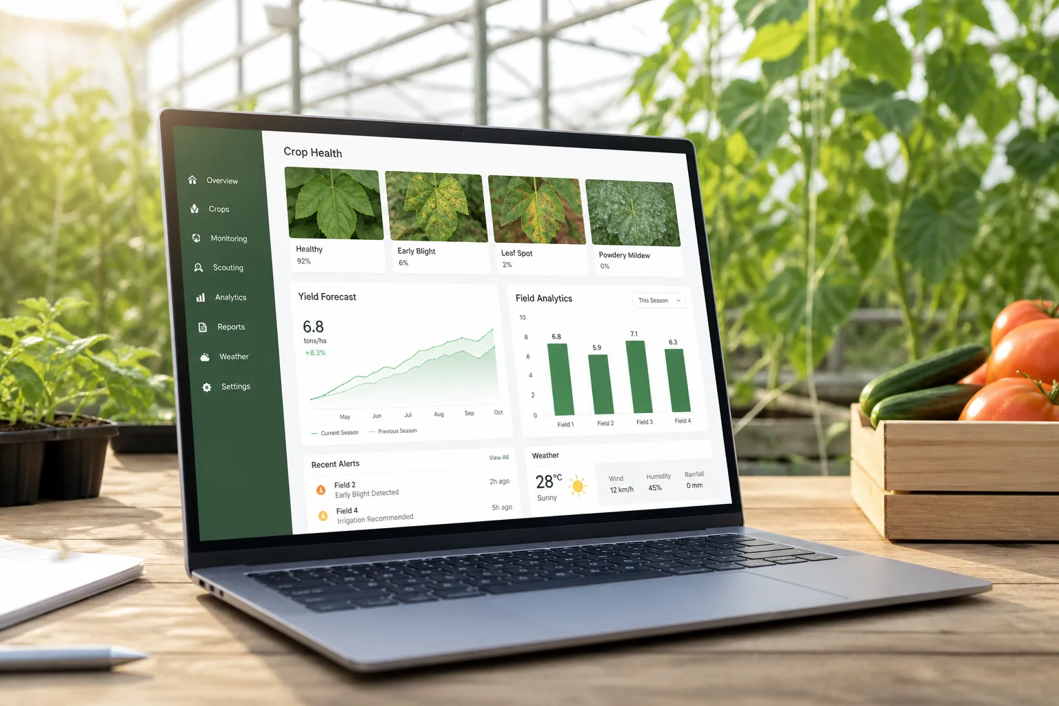 AI powered agriculture app with crop health analysis, yield prediction, disease detection, and analytics