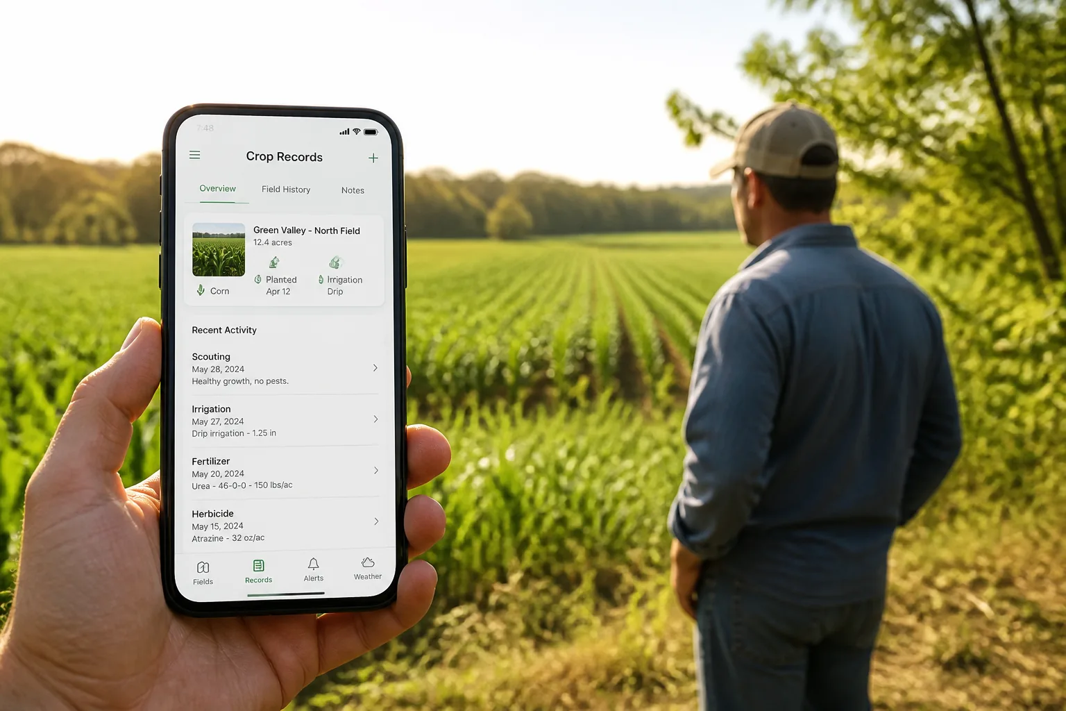 Custom agriculture app with crop management, field monitoring, farm records, and production analytics