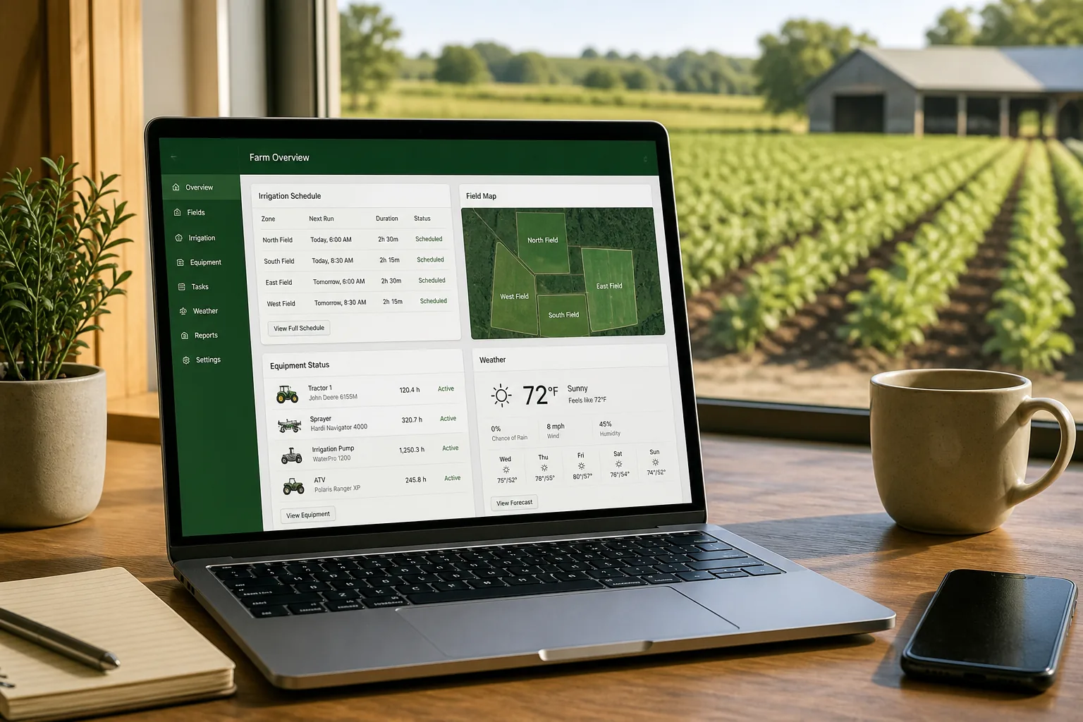 Farm management software with crop planning, irrigation scheduling, equipment tracking, and reporting