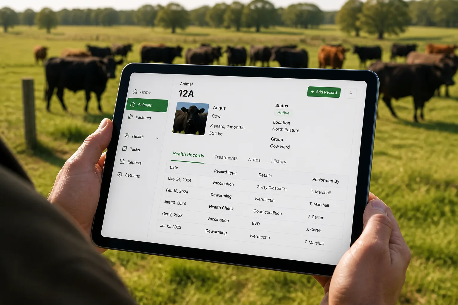 Livestock management app with animal health records, breeding schedules, feeding plans, and vaccination tracking