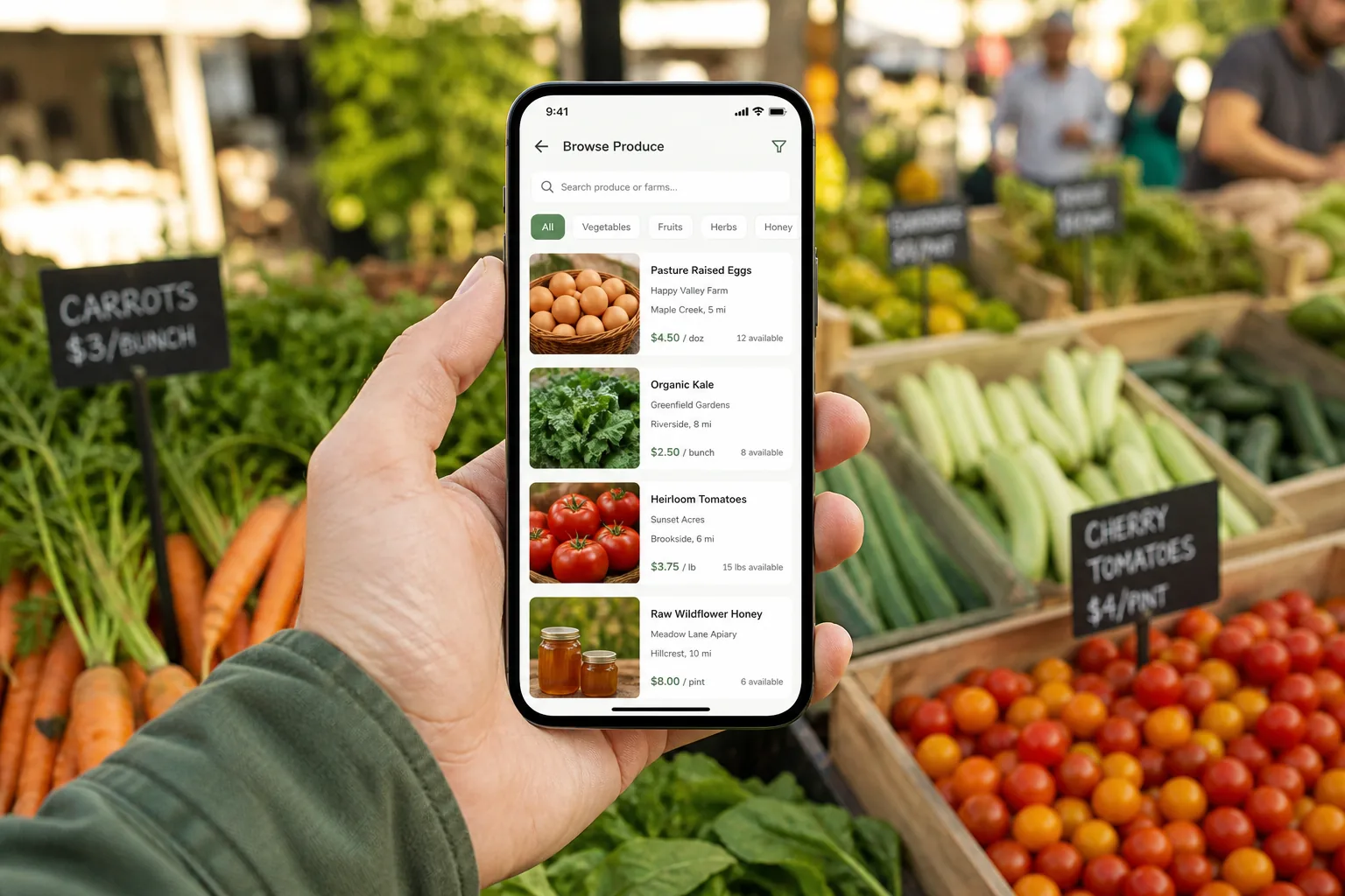 Agriculture marketplace connecting farmers, suppliers, buyers, orders, logistics, and payments