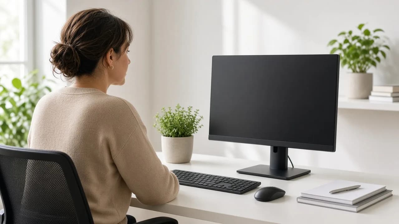 A coordinator sits at a light desk with a monitor turned away and a small potted herb nearby.