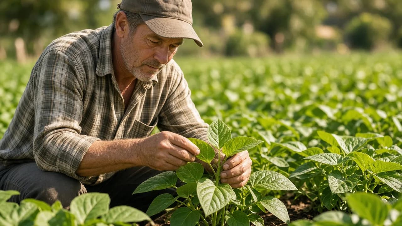 A farmer kneels in a sunny field and inspects green crop leaves by hand.