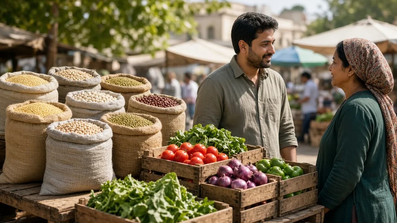 Two people talk beside unlabeled grain sacks and crates of produce at a sunny market stall.