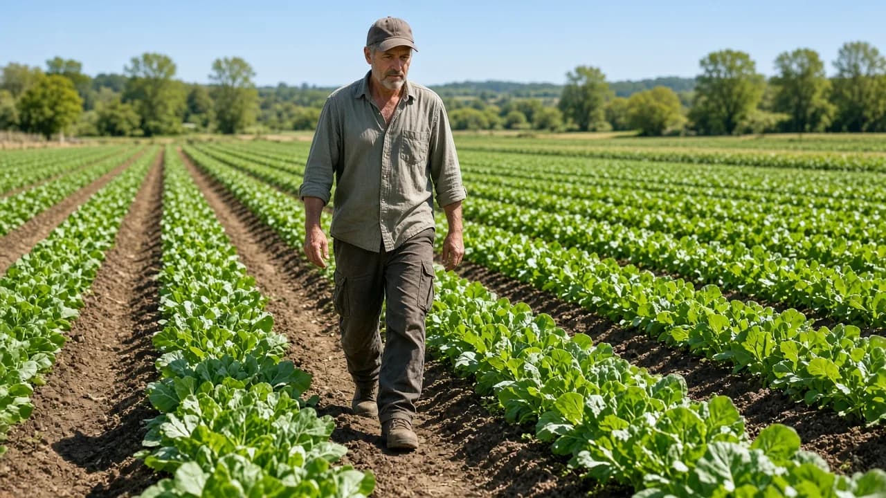 A farmer walks between neat rows of green crops in bright sunlight.