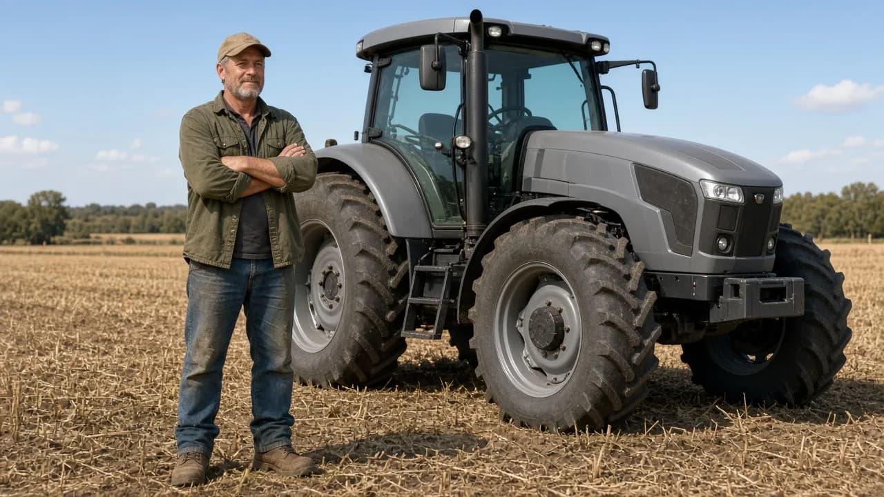 A farmer stands beside a plain gray tractor in a harvested field under a clear sky.