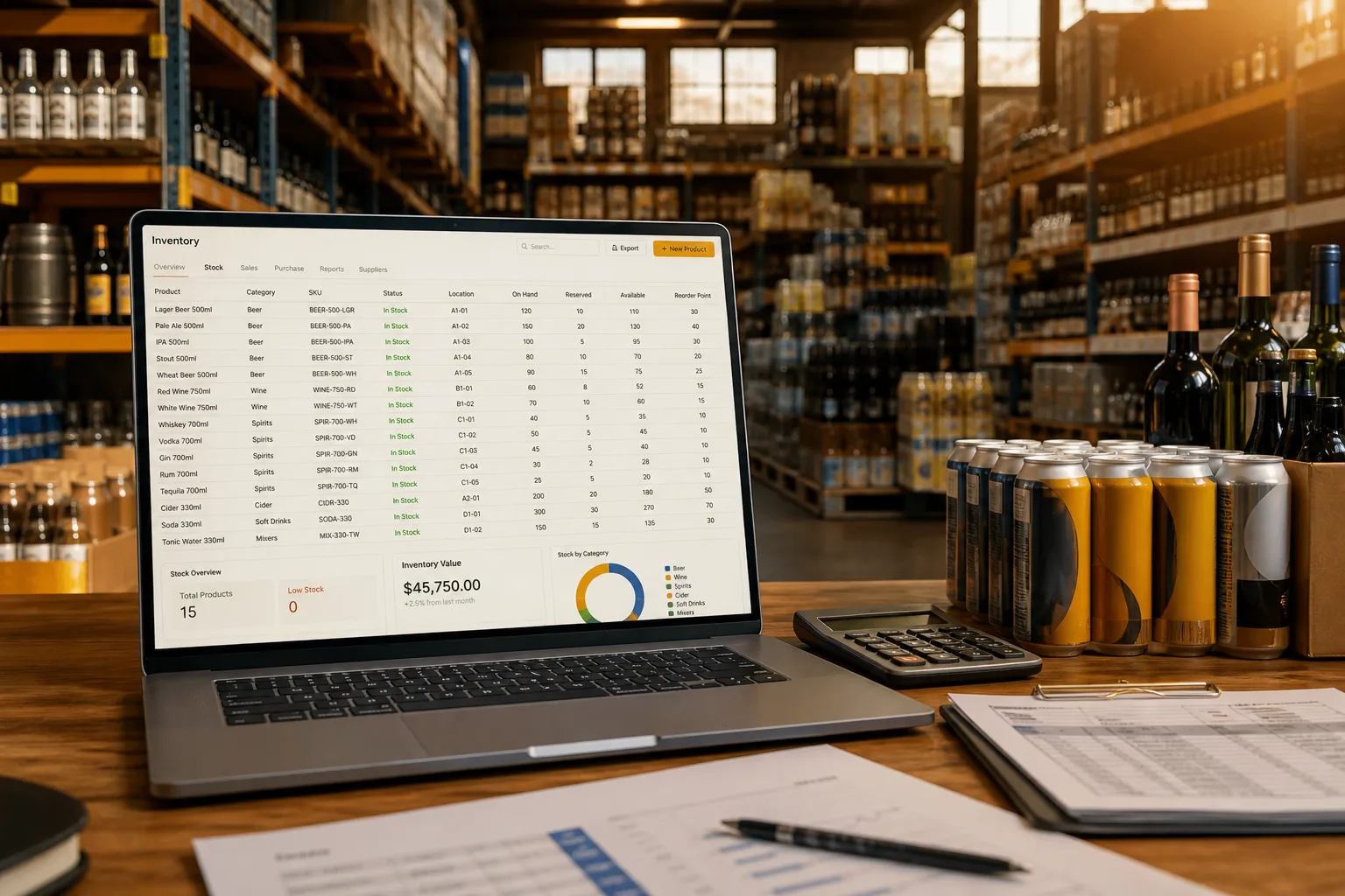 Inventory and retail management with stock monitoring and warehouse workflows