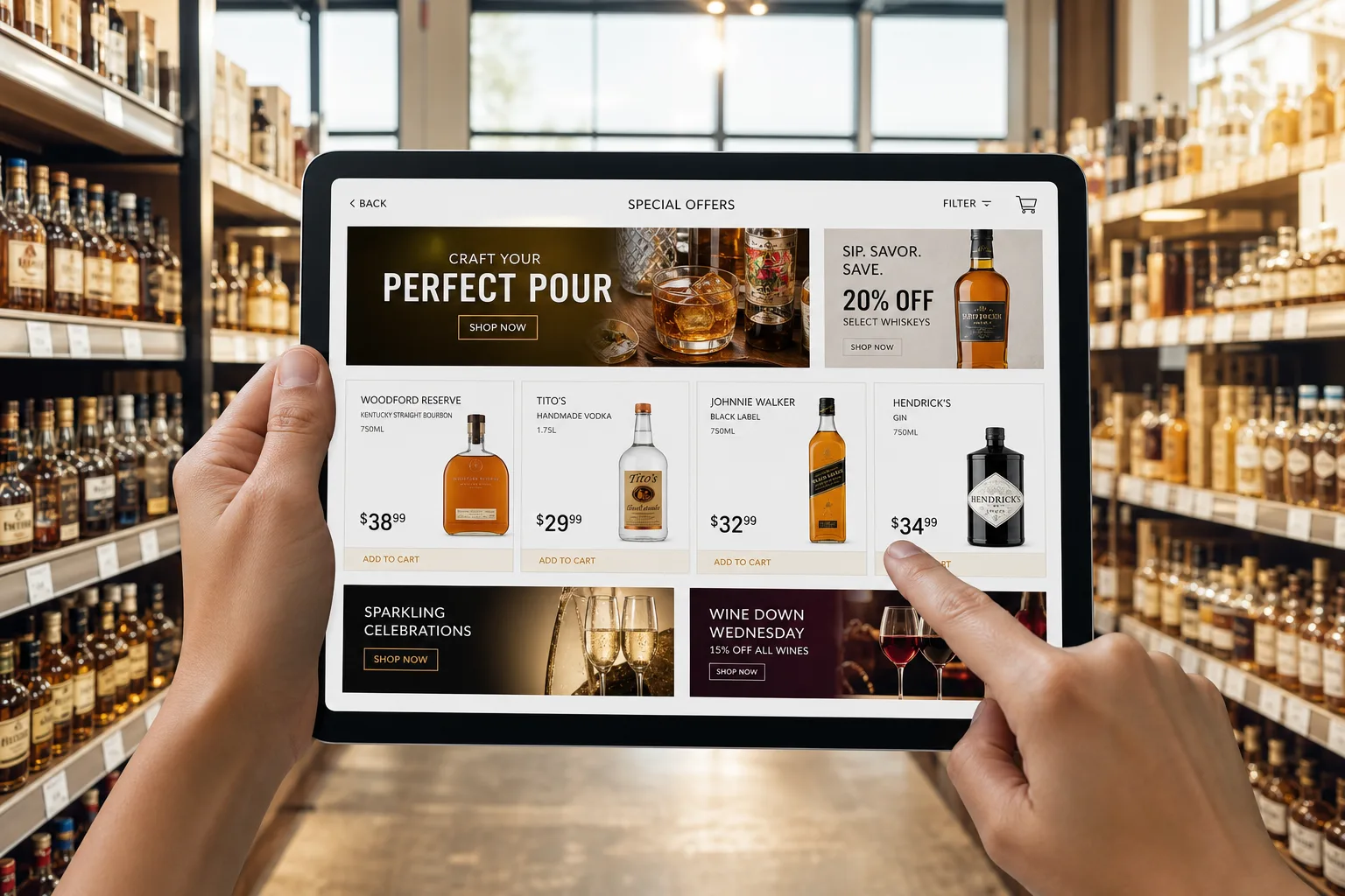 Liquor store app with online ordering, catalogs, promotions, and inventory tools