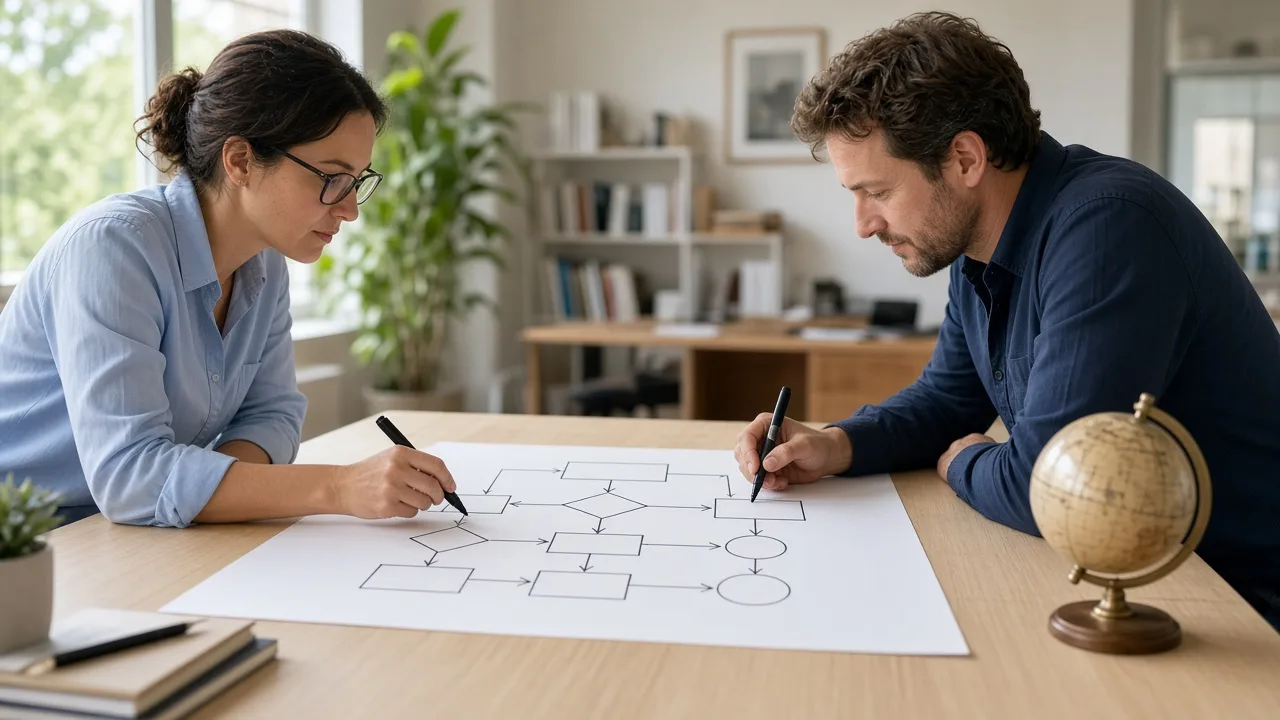 Two colleagues sketching an unlabeled flowchart beside a small brass globe.