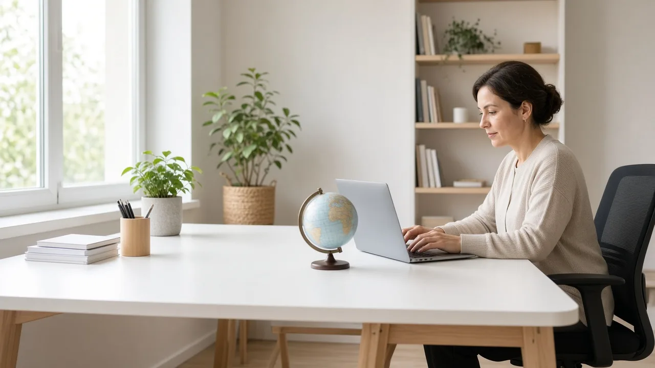 A coordinator working at a laptop with the screen turned away, beside a small desktop globe.