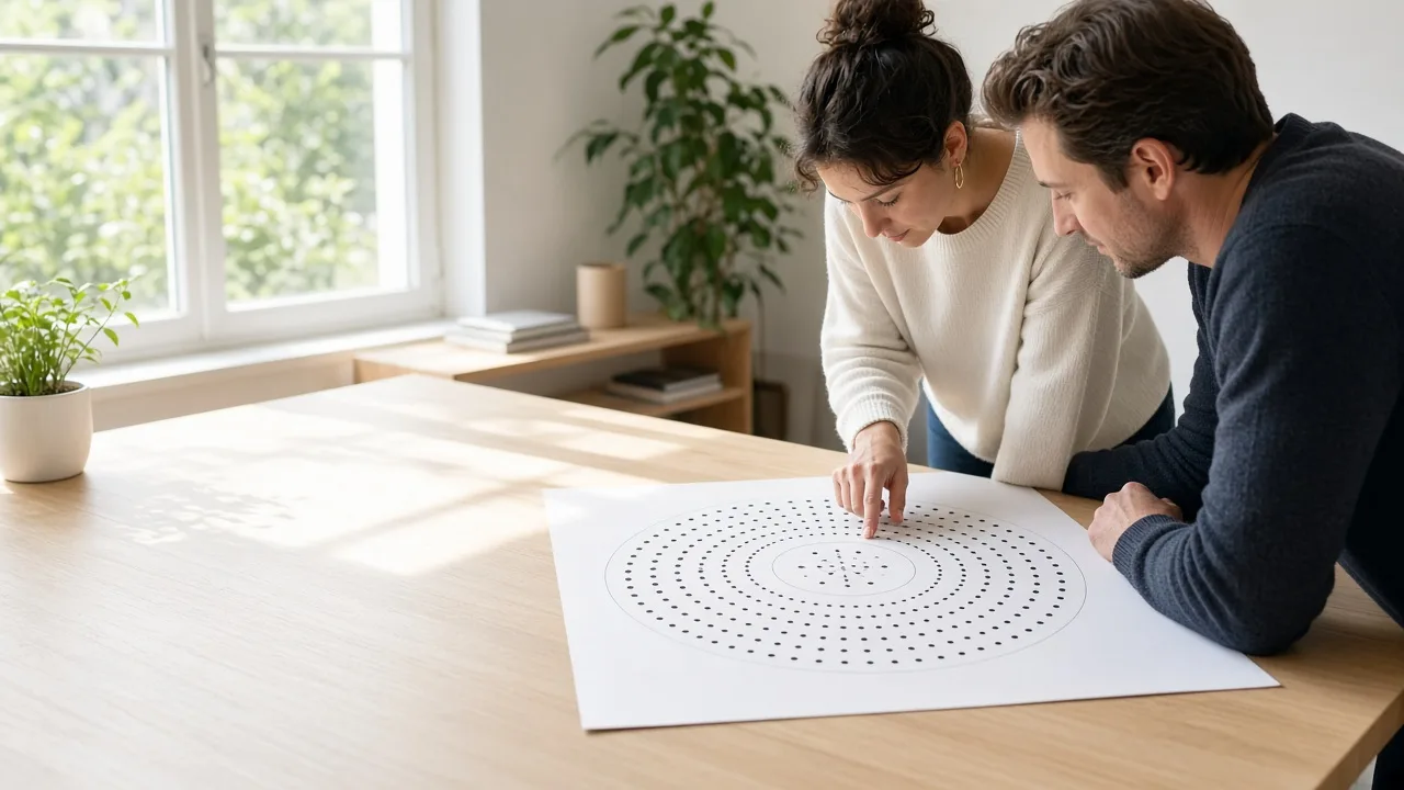 Two people leaning over a large circular diagram of dots and rings on a bright desk.