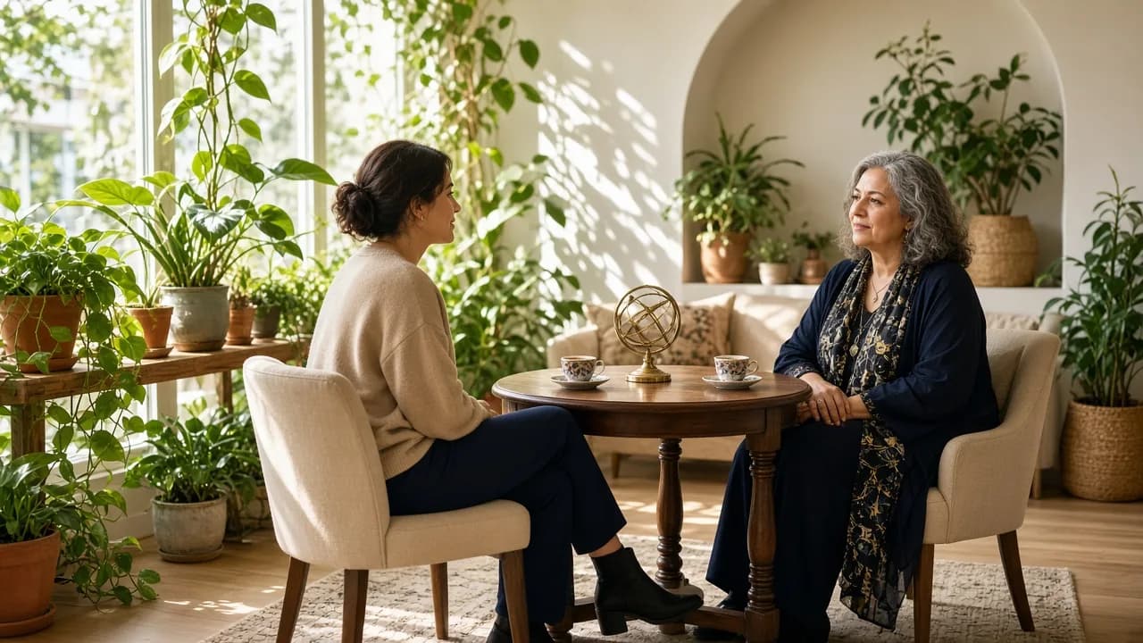 An advisor and a client talking across a sunlit table with tea and a small brass globe.