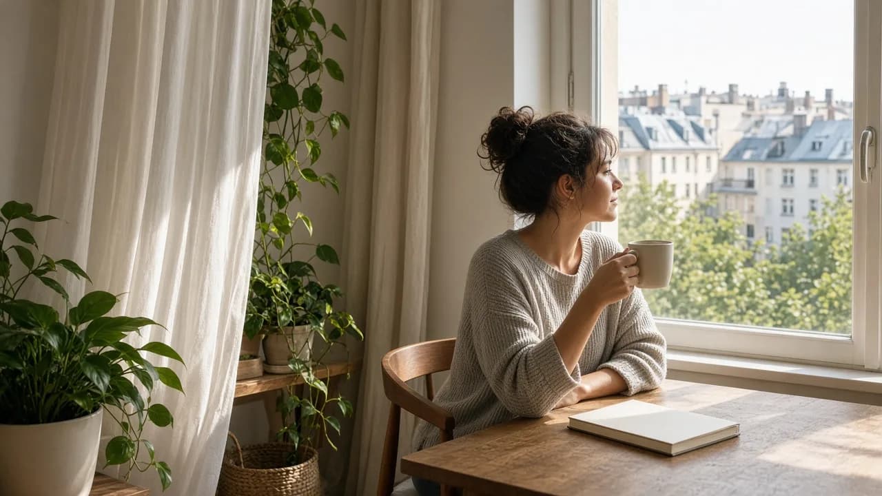 A person sitting by a sunny window with coffee and a closed blank notebook.