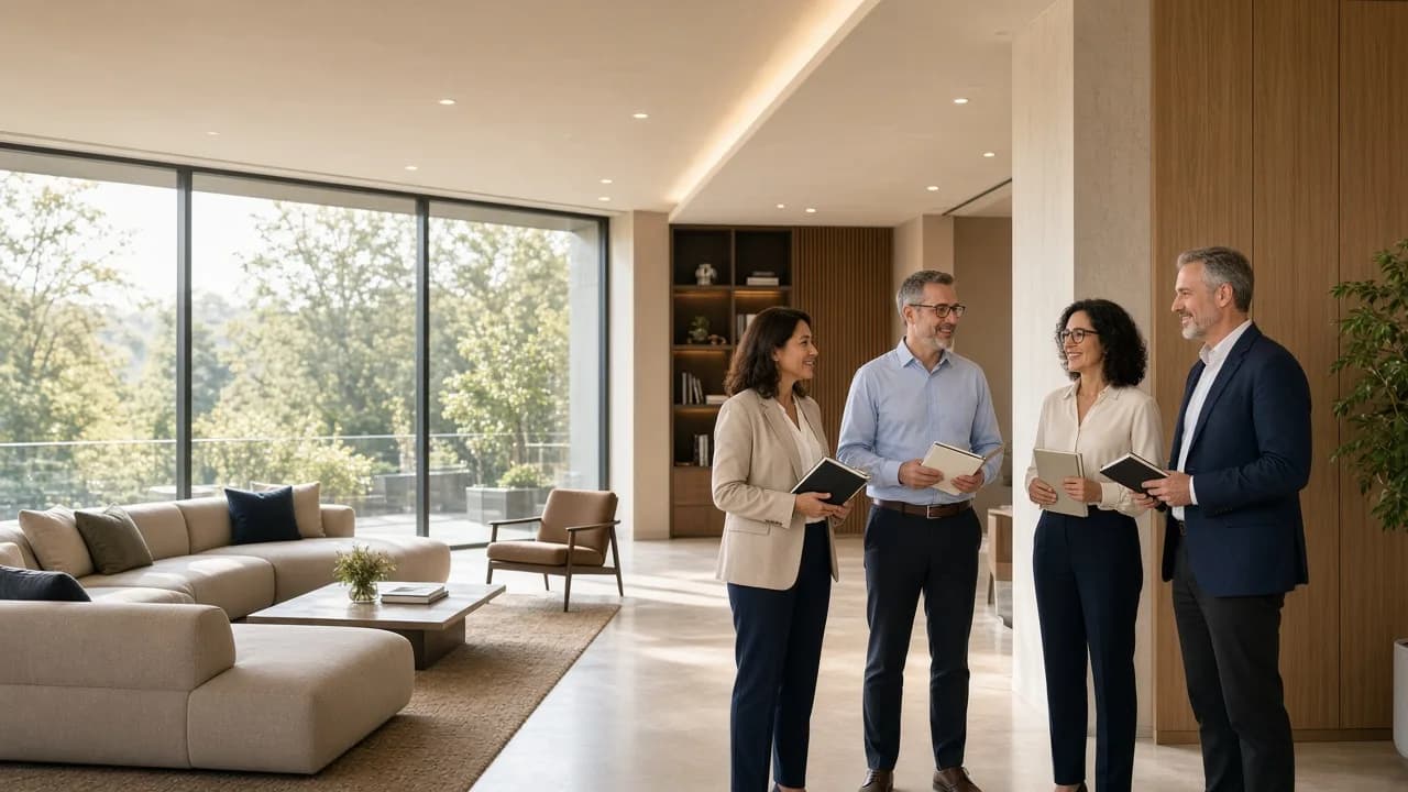 Four adults talking together in a bright modern lounge.