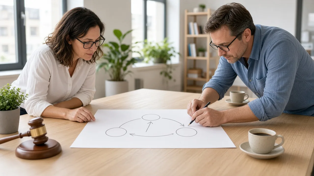 Two colleagues sketching an unlabeled flow beside a wooden gavel in a bright office.