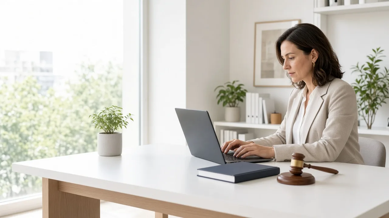 A woman working at a laptop in a bright office, with a gavel on the desk.