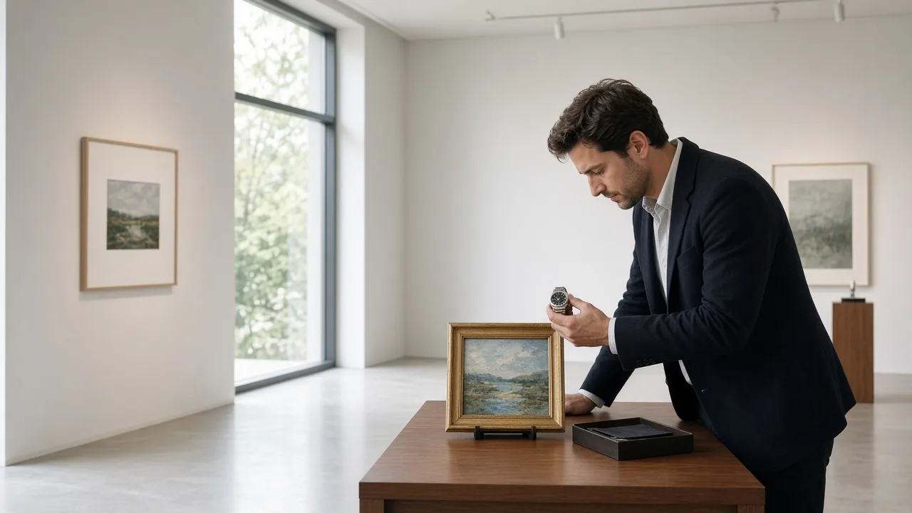 A buyer examining a wristwatch beside a small framed painting in a bright gallery.