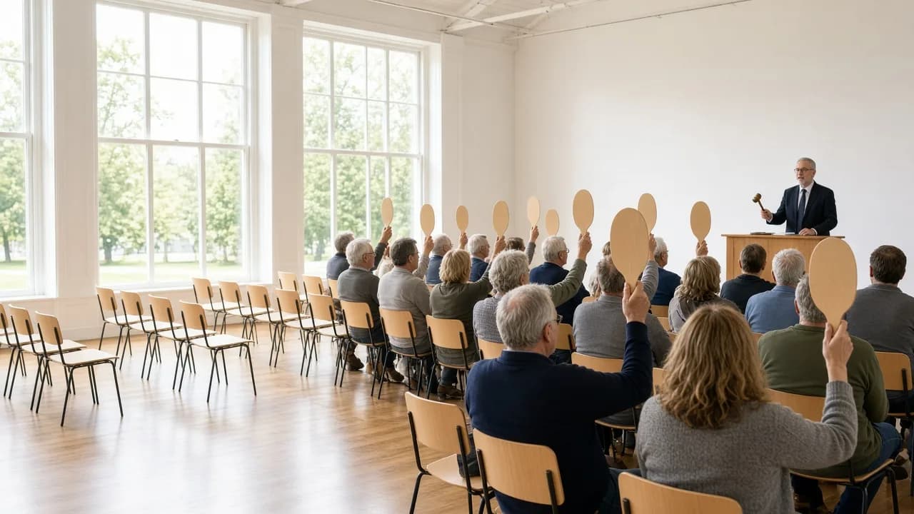 Bidders raising blank paddles toward an auctioneer in a bright room.
