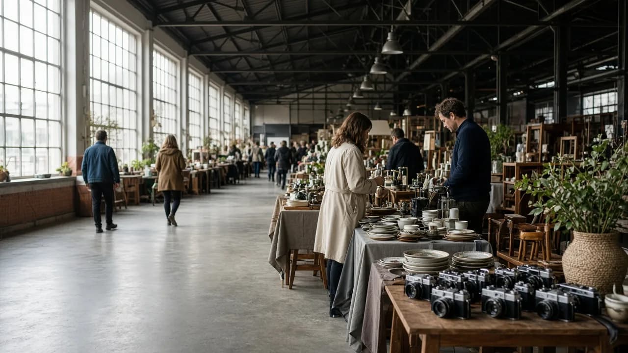 Shoppers browsing cameras, ceramics, and furniture in a bright market hall.