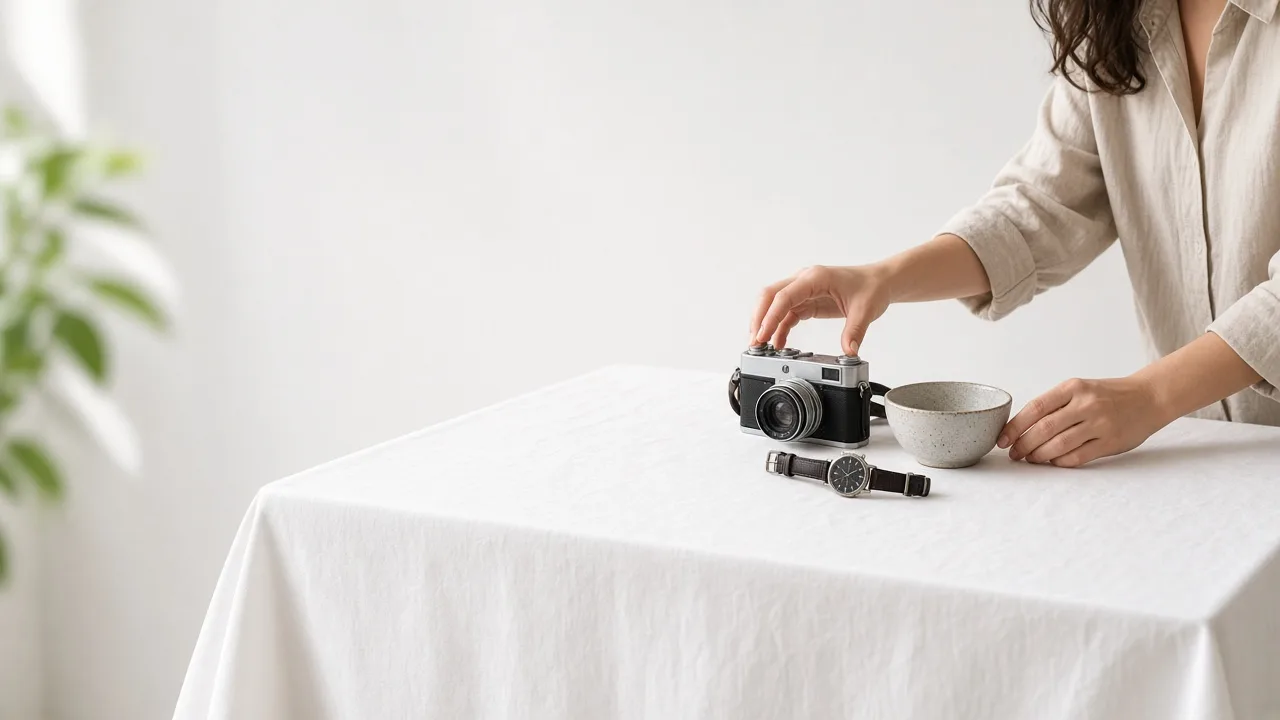 A seller arranging a camera, a watch, and a ceramic bowl on a white table.