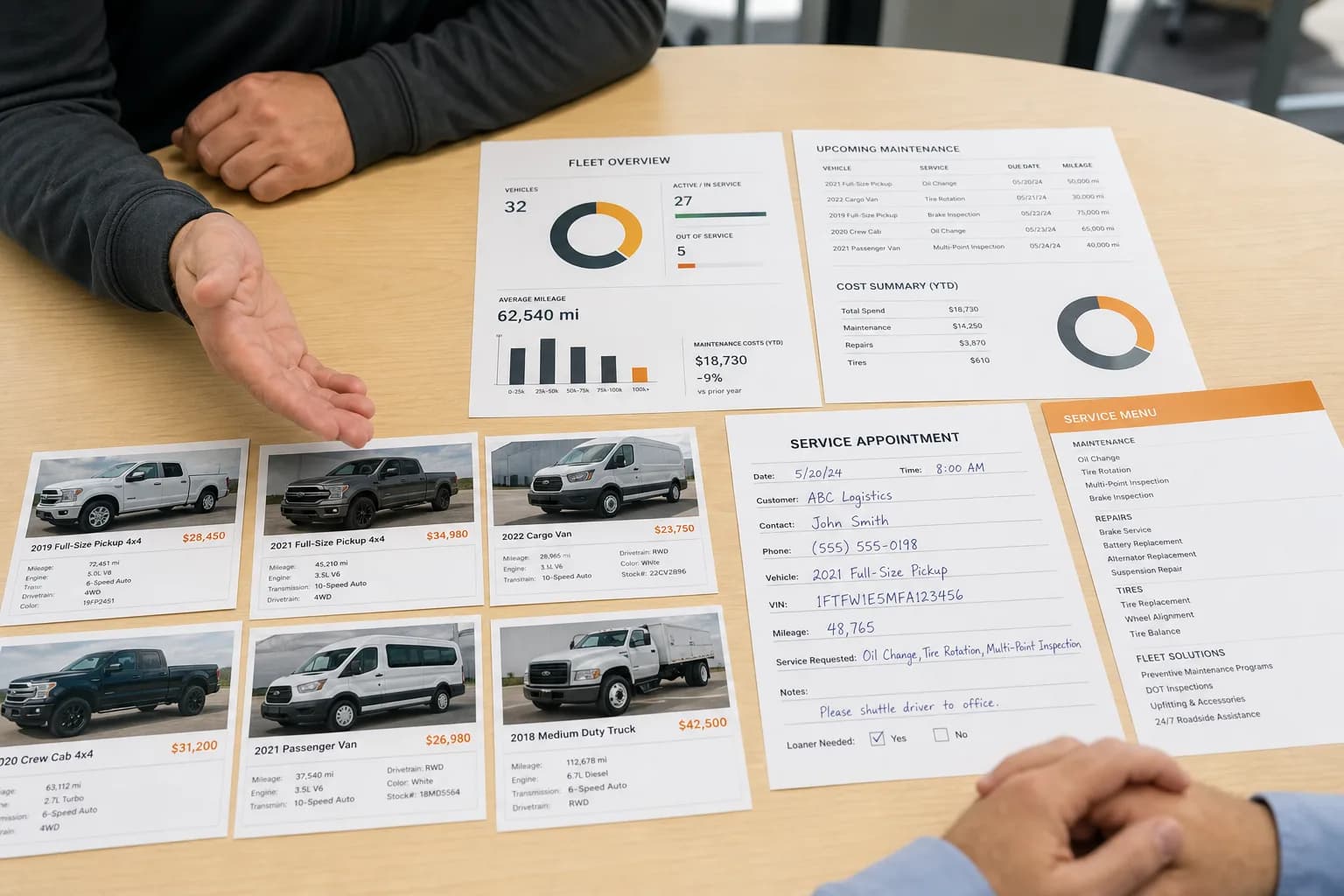 Bright USA automotive workspace with vehicles and consultation materials