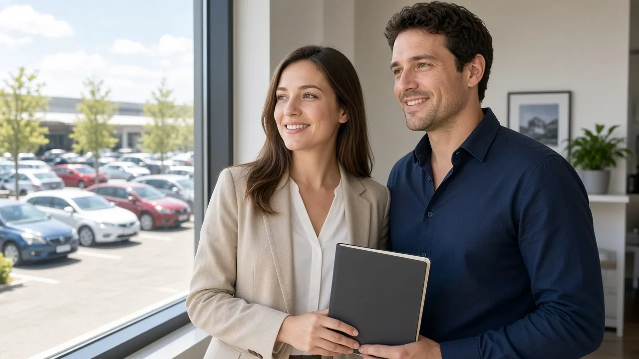 Two people stand by a sunny window overlooking a car lot, holding a closed notebook.