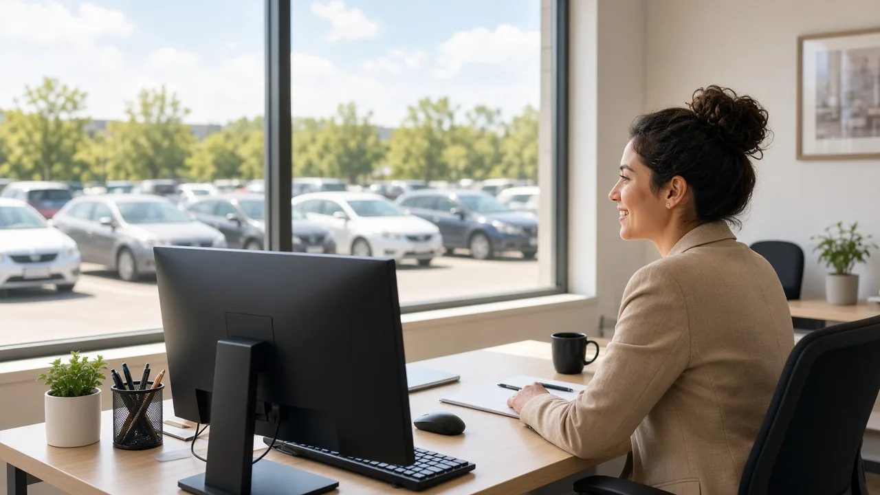 A coordinator sits at a desk with a monitor facing away and a sunny car lot outside the window.