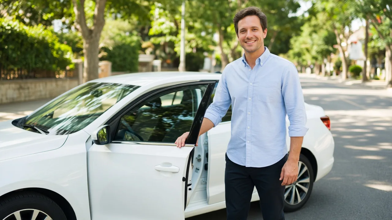 A driver stands by the open door of a plain white car on a sunny street.