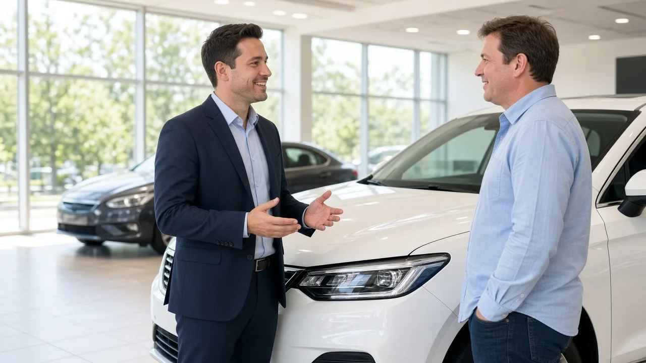 A salesperson and a customer stand beside a plain white car in a sunny showroom.