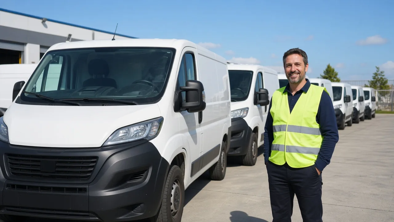 A fleet manager stands beside a row of plain white vans in a sunny depot.