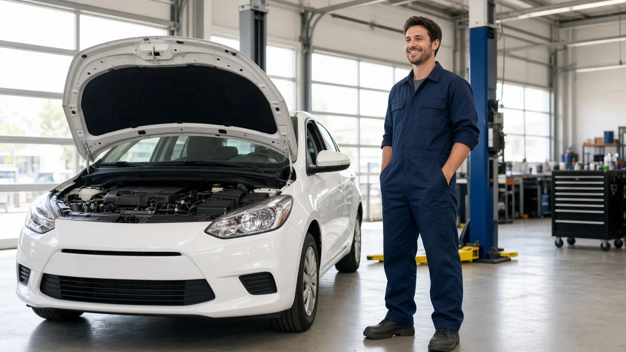 A technician works beside a plain white car with the hood open in a sunlit service bay.