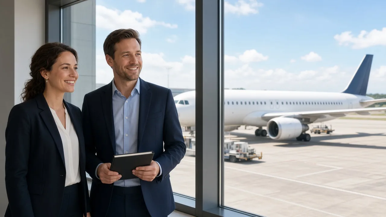 Two professionals stand by a sunny terminal window overlooking a white airplane, holding a closed notebook.