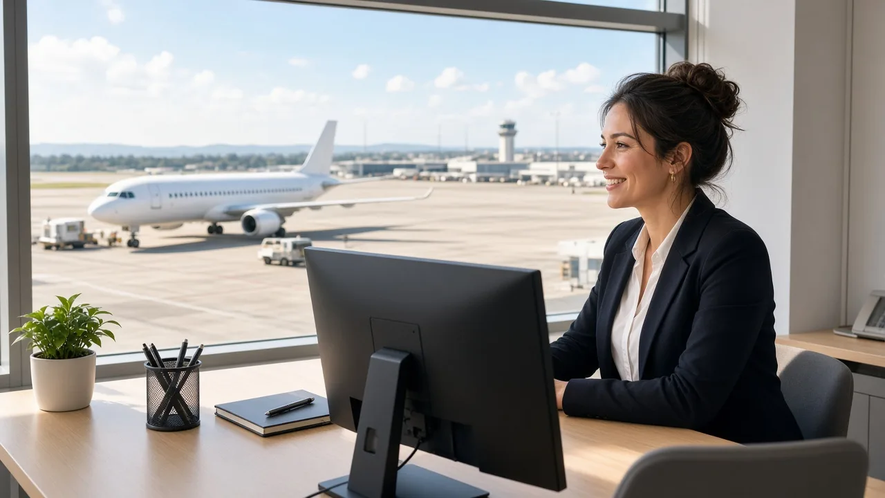 An operations coordinator sits at a desk with a monitor facing away and a white airplane visible through the window.