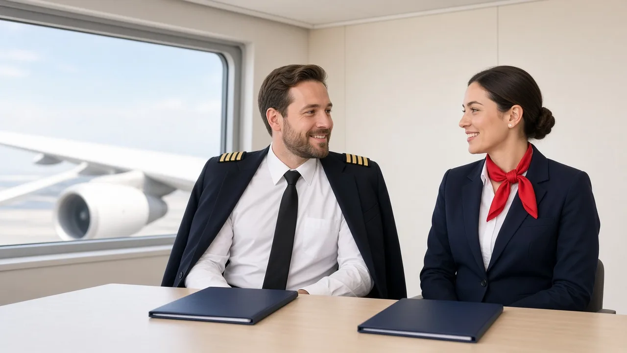 A pilot and a cabin crew member sit at a table with closed folders and an airplane visible through the window.