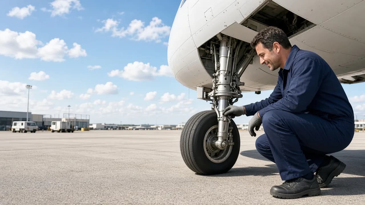 A technician inspects the landing gear of a white airplane on a sunny apron.