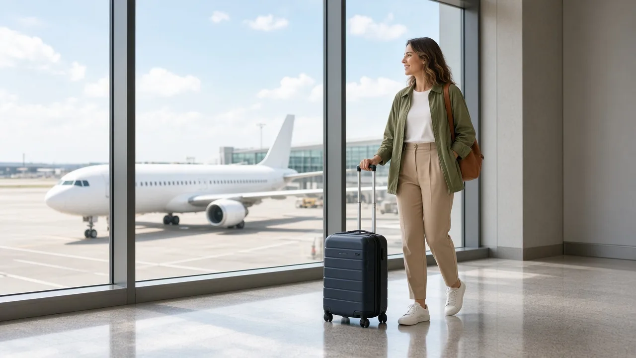 A traveler with a carry on suitcase stands beside a terminal window with a white airplane outside.