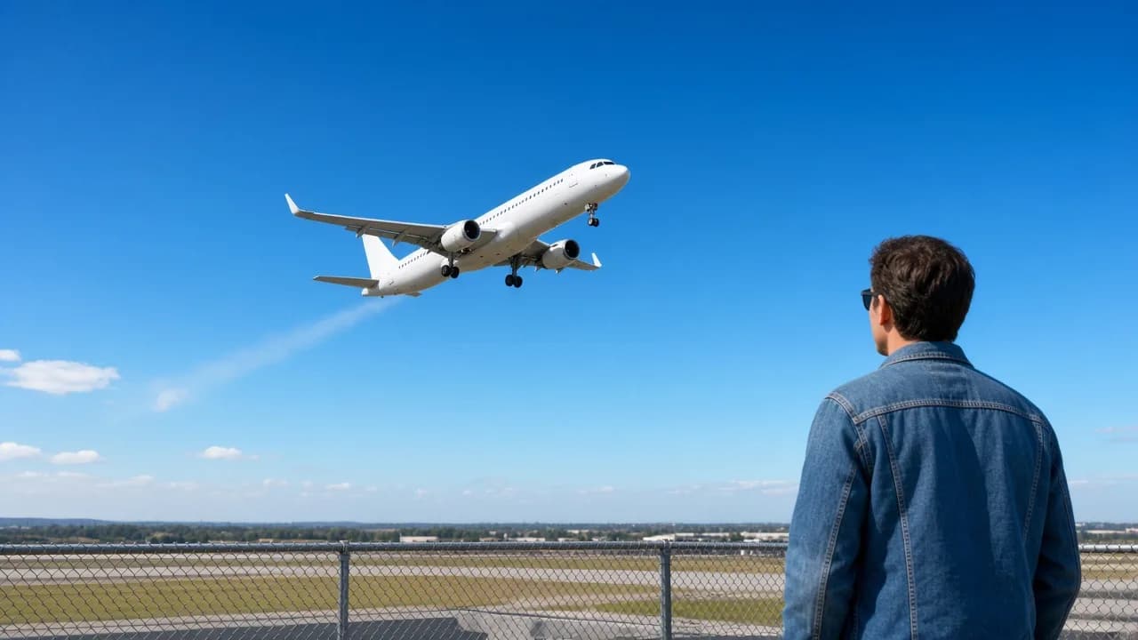 A person watches a white airplane climb into a clear blue sky from an airport observation area.