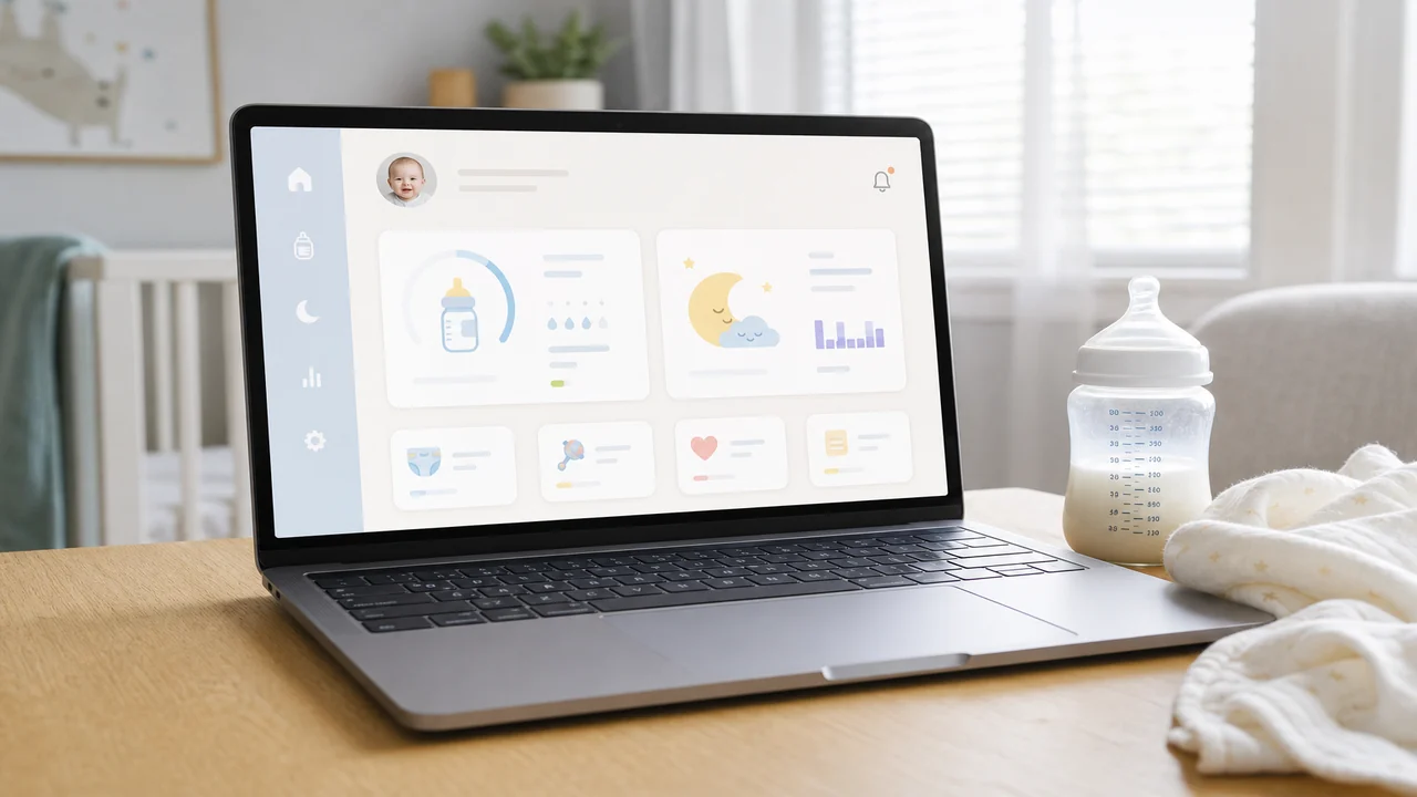 Laptop showing a baby tracking platform dashboard with feeding logs, sleep analytics, growth charts, and family care management