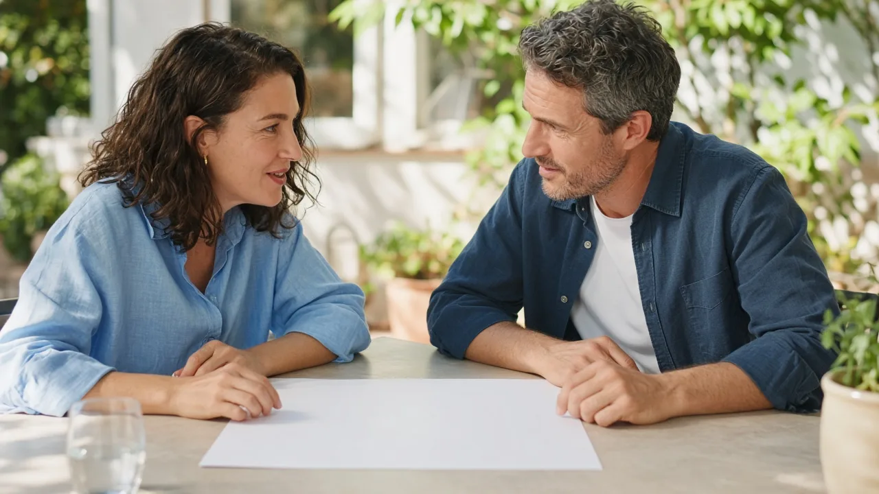Two adults plan over a blank sheet at a sunny table.