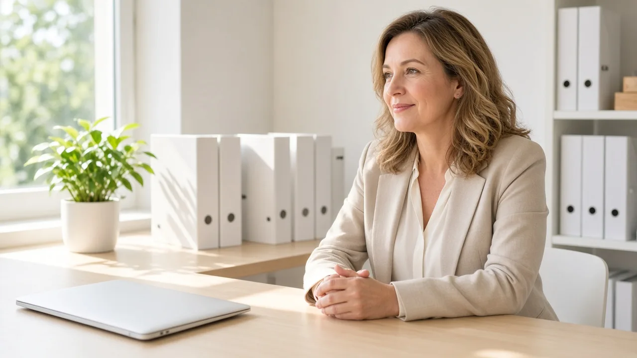 An administrator sits at a sunlit desk with a closed laptop and plain white binders.
