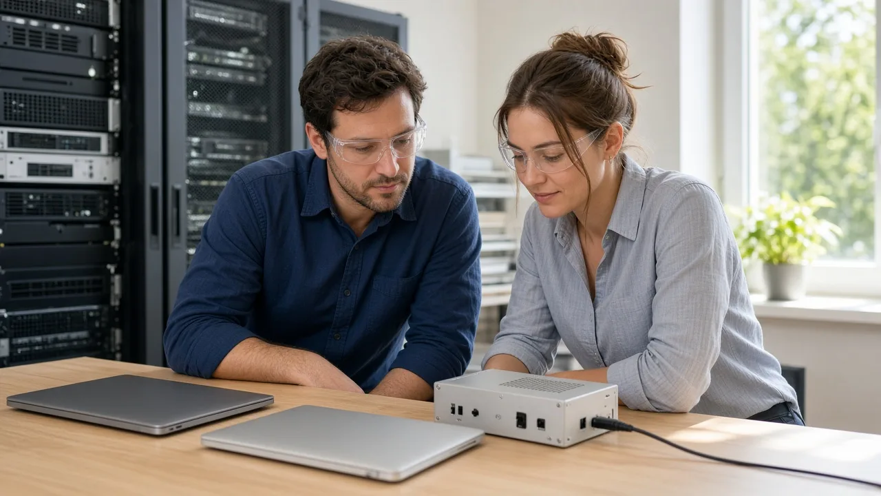 Two engineers sit in a sunny office with closed laptops and unlabeled equipment.