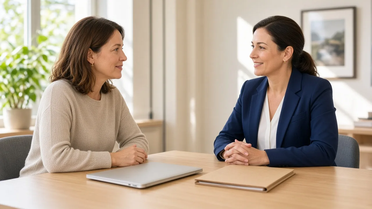 A customer and an advisor sit at a sunny desk with a closed laptop and a blank folder.