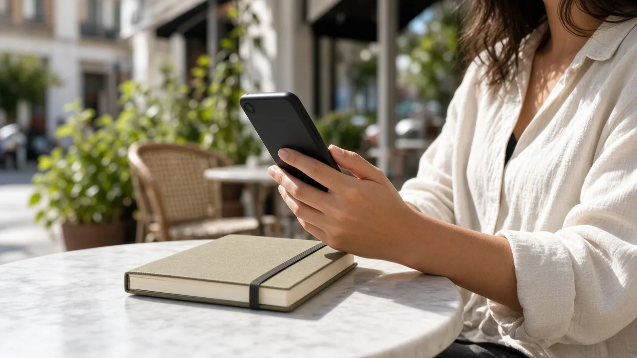 An adult holds a phone with the screen turned away beside a closed notebook.