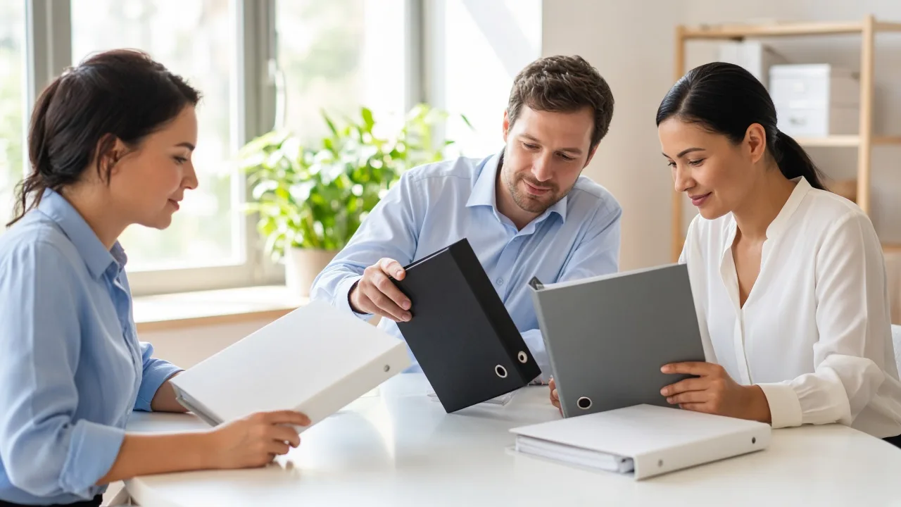 Operations staff review blank binders at a sunny desk.