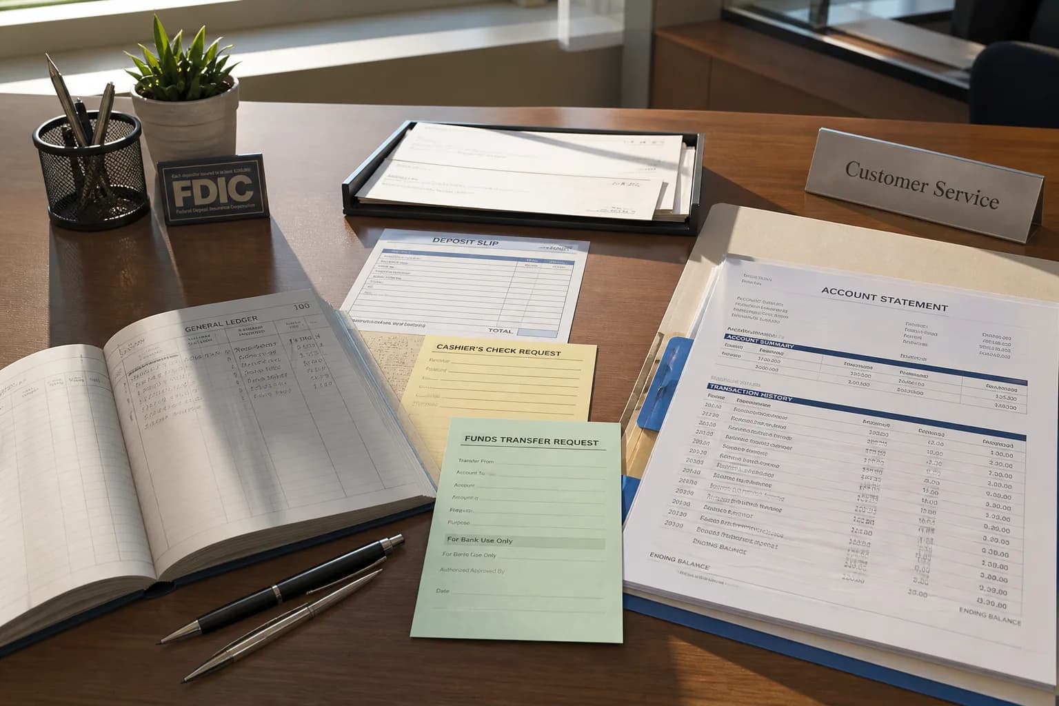 Bright USA banking desk with ledgers, deposit slips, and statement folders