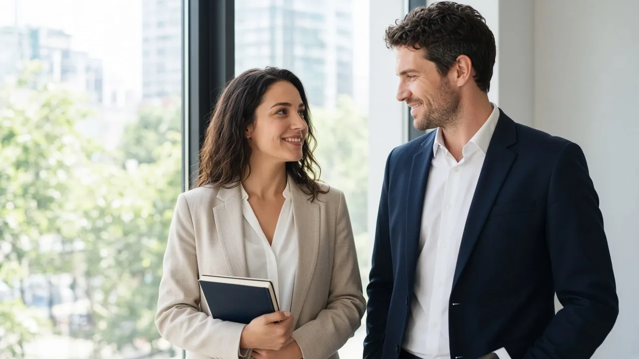 Two colleagues stand by a bright window with a closed notebook.