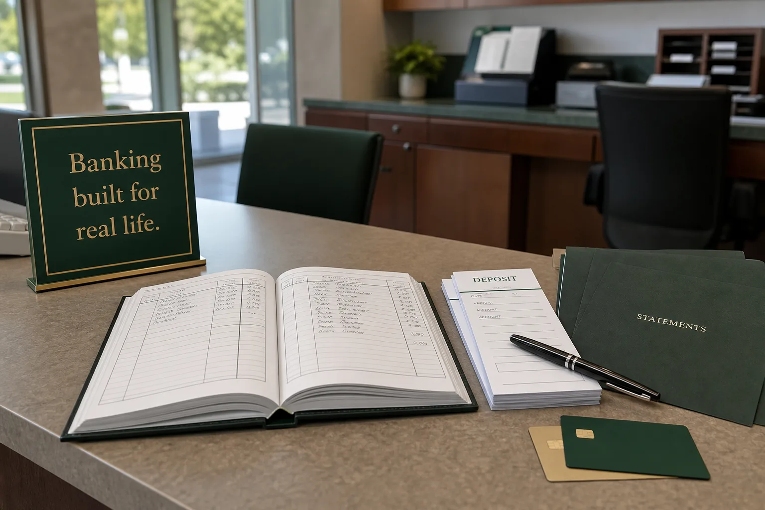 Bright USA banking desk with ledgers, deposit slips, and statement folders