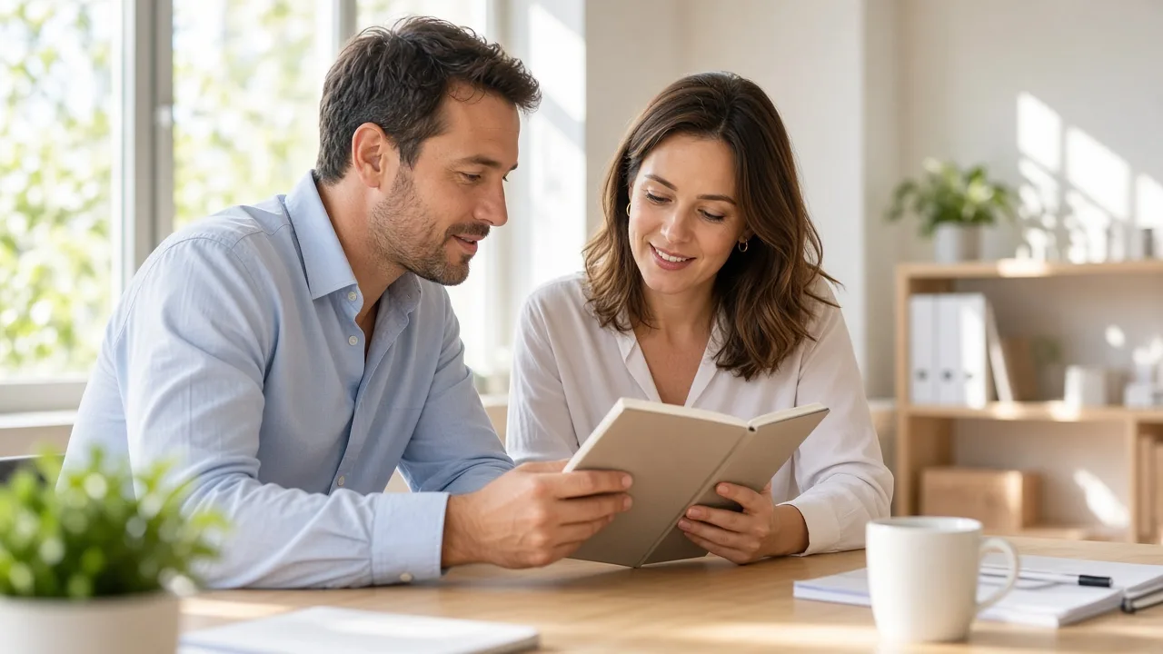 Two colleagues review a closed notebook at a light desk in a sunny office.